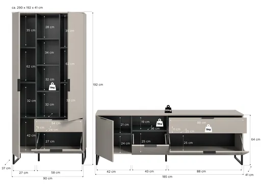 TV-Lowboard - B ca. 185 cm, Kaschmir, Schwarz