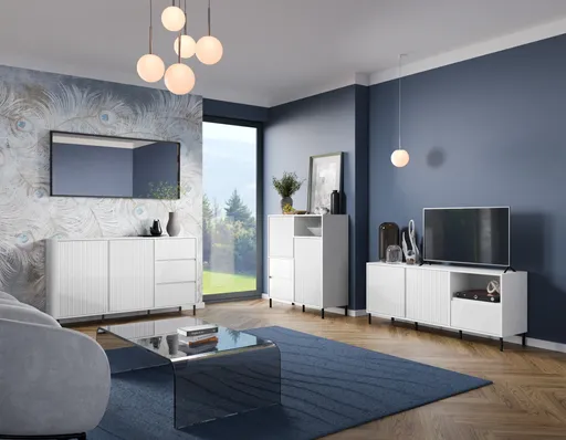 TV-Lowboard - B ca. 158 cm, Weiß, Weiß Hochglanz