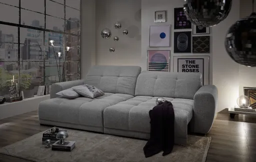 Ecksofa - Longchair links mit 2-Sitzer, Kopfteil verstellbar, Sitztiefe verstellbar motorisch, Stoff, Hellgrau