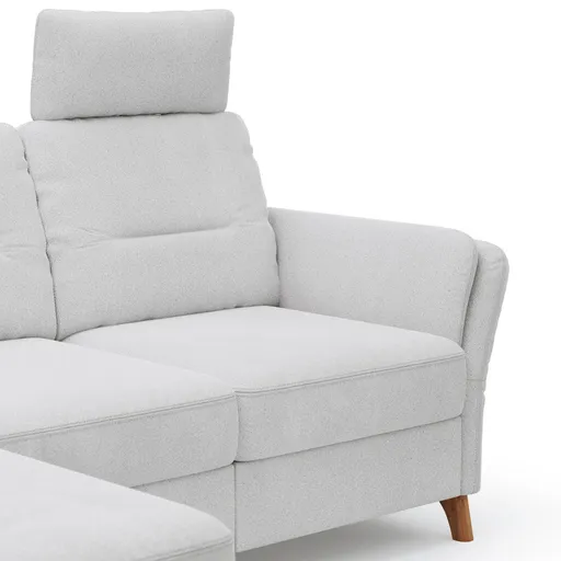 Ecksofa Vayra - Longchair links mit 2,5-Sitzer rechts, inkl. Relaxfunktion (motorisch) und Kopfstütze verstellbar (manuell), Stoff, Offwhite