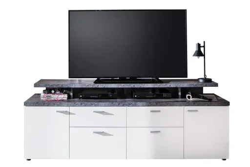 TV-Lowboard - B ca. 180 cm, Weiß, Stone dunkel Nachbildung