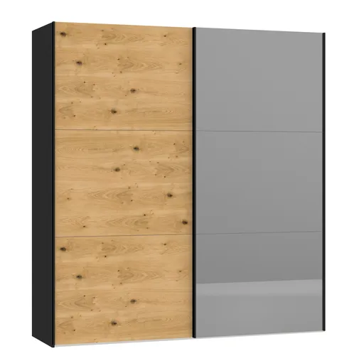 Schwebetürenschrank JOIN IT- B ca. 202 cm., Schwarz, Eiche, Furniert, Spiegel, Dunkel