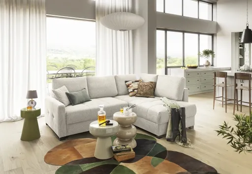 Ecksofa EDWIN - 2-Sitzer, Ecke rechts inkl. Schlaffunktion und Bettkasten, Stoff, Beige