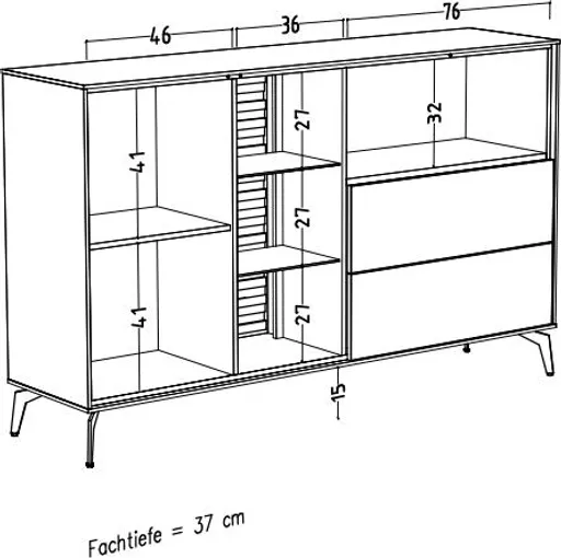 Sideboard - B ca. 169 cm, Weiß, Asteiche, Schwarz
