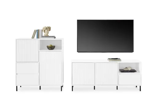 TV-Lowboard - B ca. 158 cm, Weiß, Weiß Hochglanz