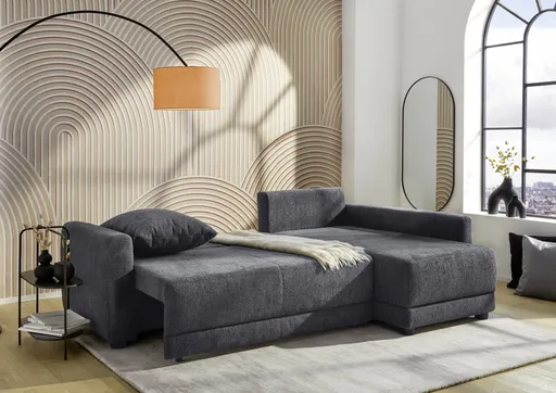 Ecksofa - 2-Sitzer mit Longchair rechts, Schaffunktion mit Bettkasten, Stoff, Anthrazit