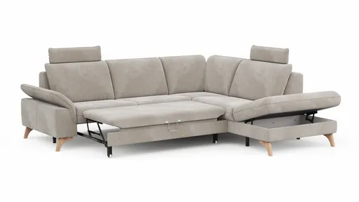 Ecksofa Tulsa KS - 2,5-Sitzer, Spitzecke und 1,5-Sitzer mit Anstellhocker aufklappbar rechts, inkl. Kopfstütze, AL verstellbar und Schlaffunktion, Stoff, Graubeige