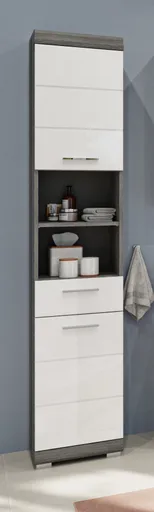 Hochschrank - B ca. 37 cm, Rauchsilber, Weiß Hochglanz