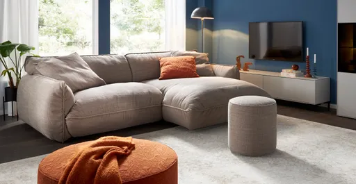 Ecksofa Fluffy - 2,5-Sitzer mit Longchair rechts inkl. Rückenlehne verstellbar, Stoff, Taupe