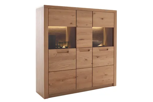 Highboard - B ca. 132 cm, Eiche Nachbildung, Eiche massiv geölt