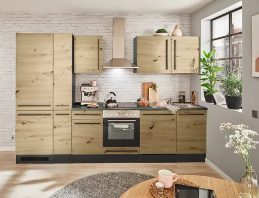 Küchenblock- Inkl. E-Geräte, B ca. 310 cm, Anthrazit, Eiche Dekor