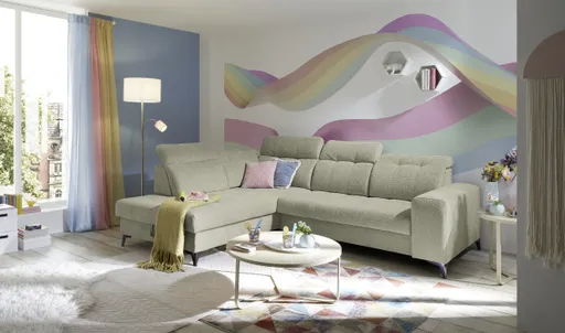 Ecksofa - Ecke links mit 2-Sitzer, Kopfteil verstellbar, Sitztiefe verstellbar motorisch, Stoff, Perlmutt