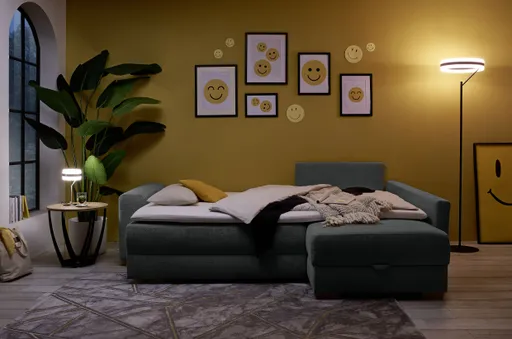 Ecksofa Jyte - 2-Sitzer mit Ecke rechts, Schlaffunktion mit Bettkasten, Stoff, Dunkelgrau