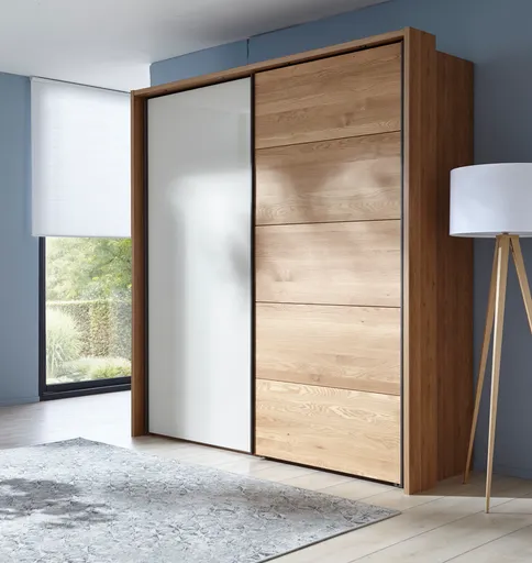 Schwebetürenschrank Lenoso - B. ca. 210 cm, Eiche massiv, Glas Champagner