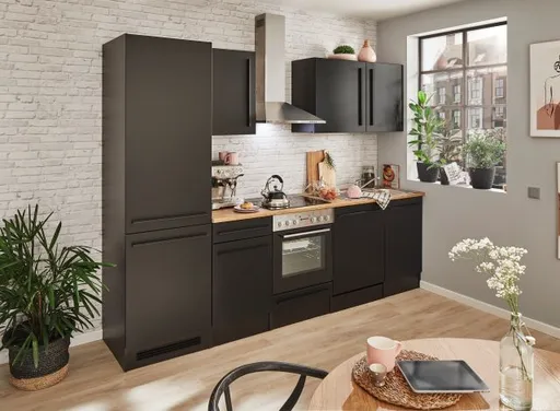 Küchenblock- ohne E-Geräte, B ca. 280 cm, Schwarz, Matt