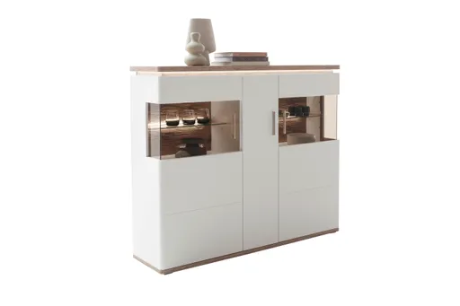 Highboard mit Beleuchtung - Weiß, Absetzung Eiche