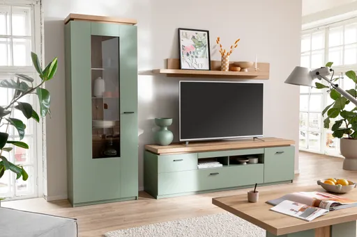 TV-Lowboard - mit Beleuchtung, B ca. 195 cm, Salbeigrün, Eiche Evoke Nachbildung