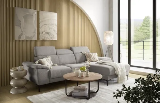 Ecksofa EZRA - 2-Sitzer, Ecke rechts inkl. Kopfteilverstellungen, Relaxfunktion im Longchair, Stoff, Taupe