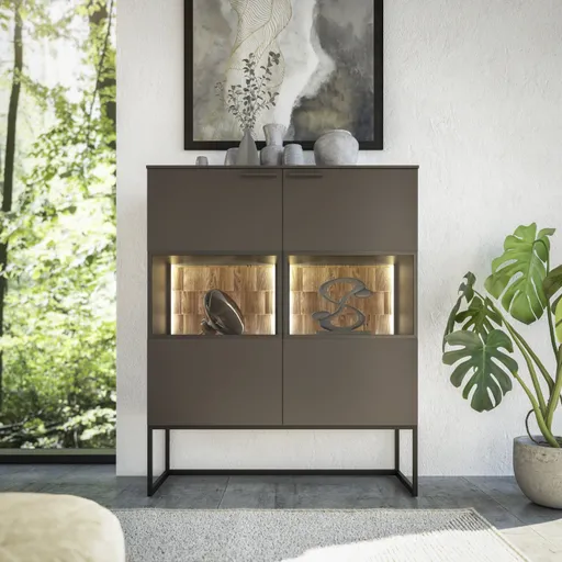 Highboard - mit Beleuchtung, Lack, Graubraun