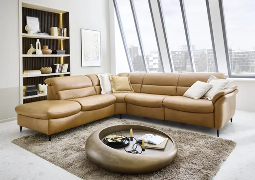Ecksofa - Ecke links mit 2,5-Sitzer, Kopfteil verstellbar, Leder, Hellbraun