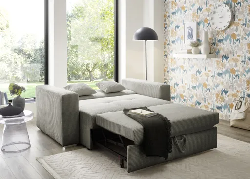 Sofa JORDEN 2 - 2-Sitzer inkl. Schlaffunktion mit Bettkasten, Cord, Taupe