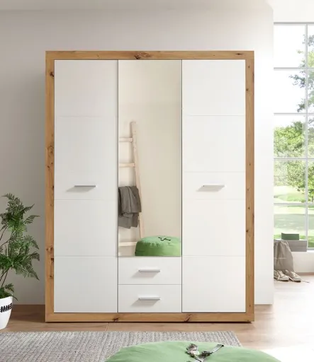 Drehtürenschrank - B ca. 151 cm, Eiche Dekor, Weiß