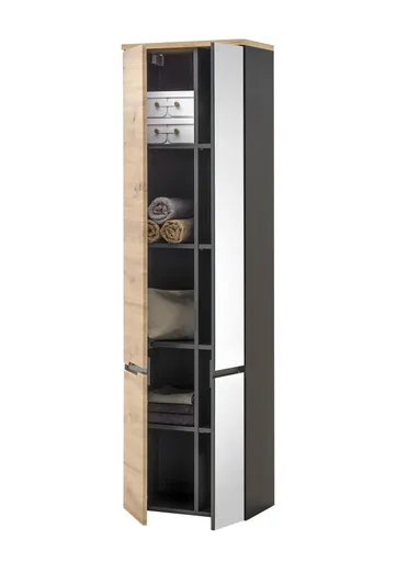 Hochschrank- B ca. 50 cm, Dunkelgrau, Eiche Dekor, Spiegel