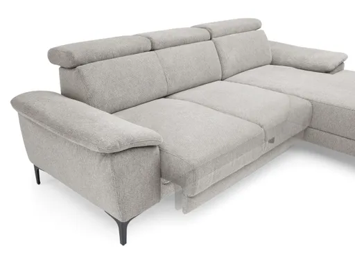 Ecksofa EZRA - 2-Sitzer, Ecke rechts inkl. Kopfteilverstellungen, Sitzvorzug, Relaxfunktion, Stoff, Hellgrau