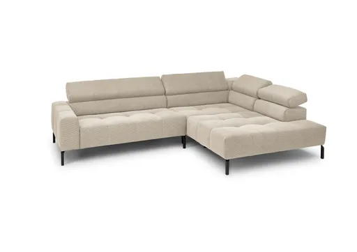 Ecksofa COLLEEN - 2-Sitzer mit Ecke rechts, Kopfteil verstellbar, Feincord, Sand