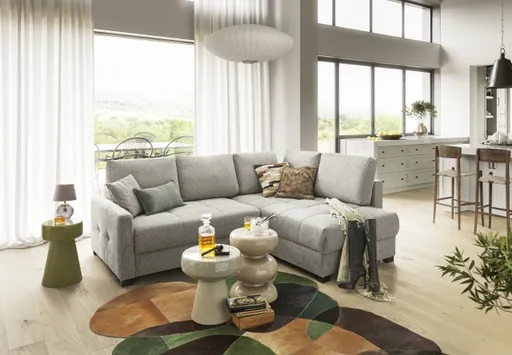 Ecksofa EDWIN - 2-Sitzer, Ecke rechts inkl. Schlaffunktion und Bettkasten, Stoff, Taupe