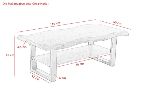 Couchtisch - LB ca. 110x60 cm, Wildeiche Nachbildung, Schwarz, Baumkante