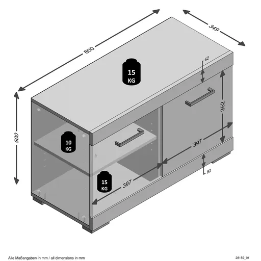 Garderobenbank- Grau, Eiche Dekor