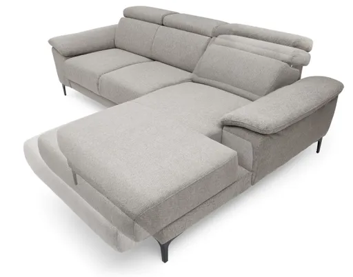 Ecksofa EZRA - 2-Sitzer, Ecke rechts inkl. Kopfteilverstellungen, Sitzvorzug, Relaxfunktion, Stoff, Hellgrau