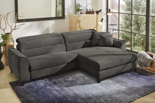 Ecksofa - 1-Sitzer mit Longchair rechts, Relaxfunktion motorisch, Kopfteil verstellbar, Cord, Grau