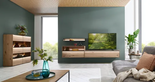 Highboard - mit Beleuchtung, Kerneiche Natur massiv