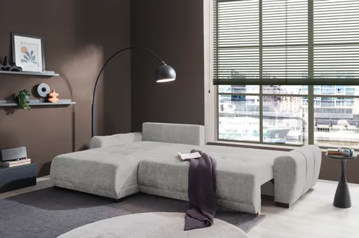 Ecksofa - Longchair links mit 2-Sitzer, Schlaffunktion mit Bettkasten, Stoff, Silbergrau