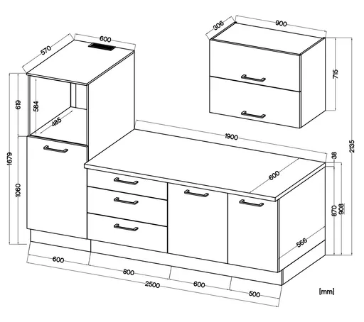 Küchenblock- ohne E-Geräte, B ca. 250 cm, Eiche Dekor, Salbei, Matt
