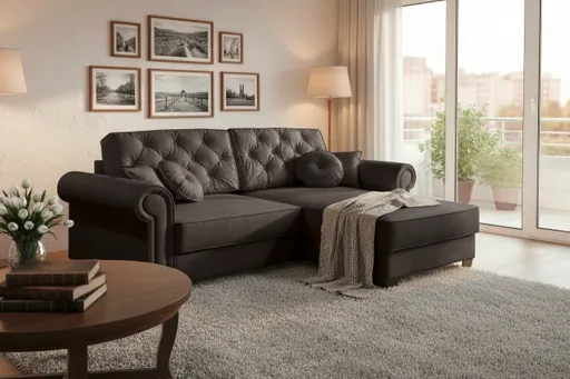  Ecksofa - Sofa 2-Sitzer mit Longchair rechts, Schlaffunktion mit Bettkasten, Stoff, Espresso