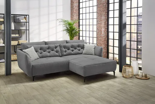 Ecksofa - 1,5-Sitzer, Longchair rechts inkl. 3 große Kissen, 2 gesteppte Kissen, 2 Wendekissen, Stoff Grau