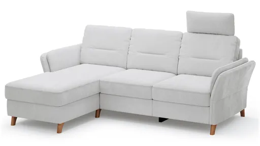 Ecksofa Vayra - Longchair links mit 2,5-Sitzer rechts, inkl. Relaxfunktion (motorisch) und Kopfstütze verstellbar (manuell), Stoff, Offwhite