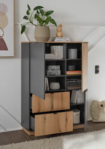 Highboard- Anthrazit, Eiche Dekor