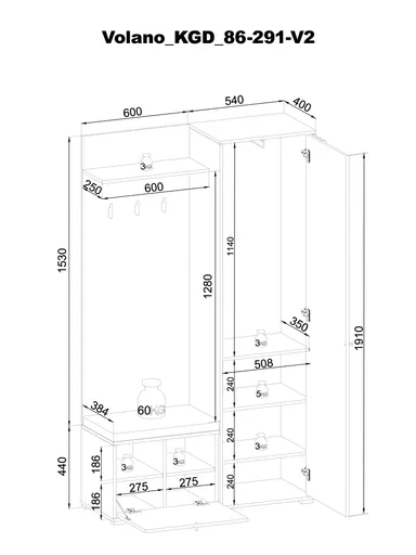 Kompaktgarderobe- Eiche Dekor, Schwarz