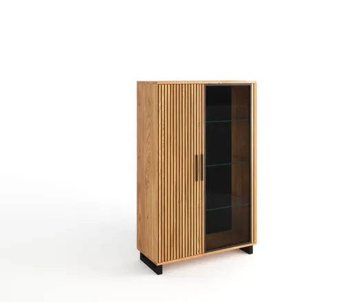 Highboard- Eiche furniert, Schwarz, Glas