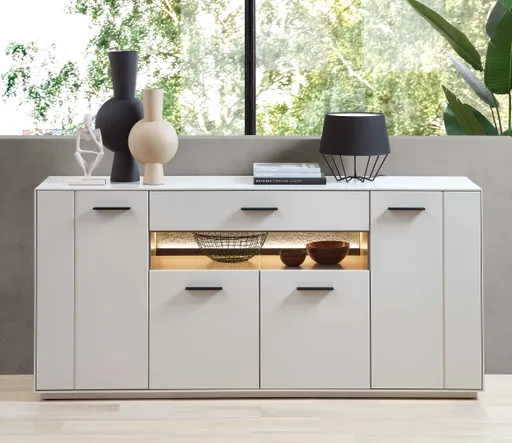 Sideboard -  mit Beleuchtung, Creme Lack, Absetzung: Granit Steinfurnier
