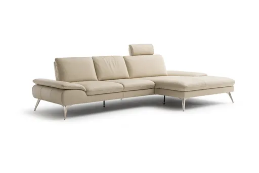 Ecksofa Collina - 2,5-Sitzer, Longchair rechts, inklusive Kopfstütze, Leder, Ecru