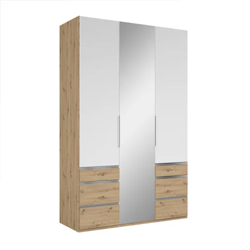Drehtürenschrank- B ca. 150 cm, Eiche Dekor, Weiß, Spiegel