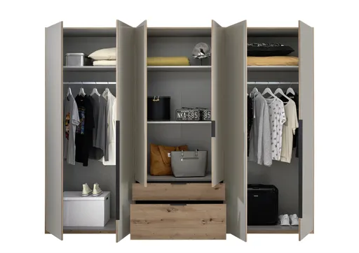 Drehtürenschrank WANJA- B ca. 270 cm, Eiche Dekor, Glas, Saharagrau