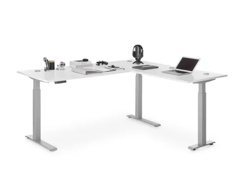 Winkelschreibtisch - höhenverstellbar, LB ca. 185x177 cm, Weiß, Silberfarben