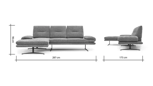 Ecksofa Lucero 2.0 - Longchair mit 2-Sitzer rechts inkl. Sitztiefenverstellung, Drehsitz und Sitztiefe verstellbar, Stoff, Cognac