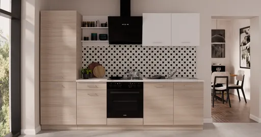 Küchenblock- ohne E-Geräte, B ca. 270 cm, Eiche Dekor, Weiß, Matt